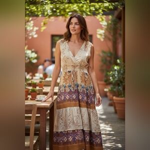 Boho Floral Tiered Maxi Dress in Beige, Rust & Blue